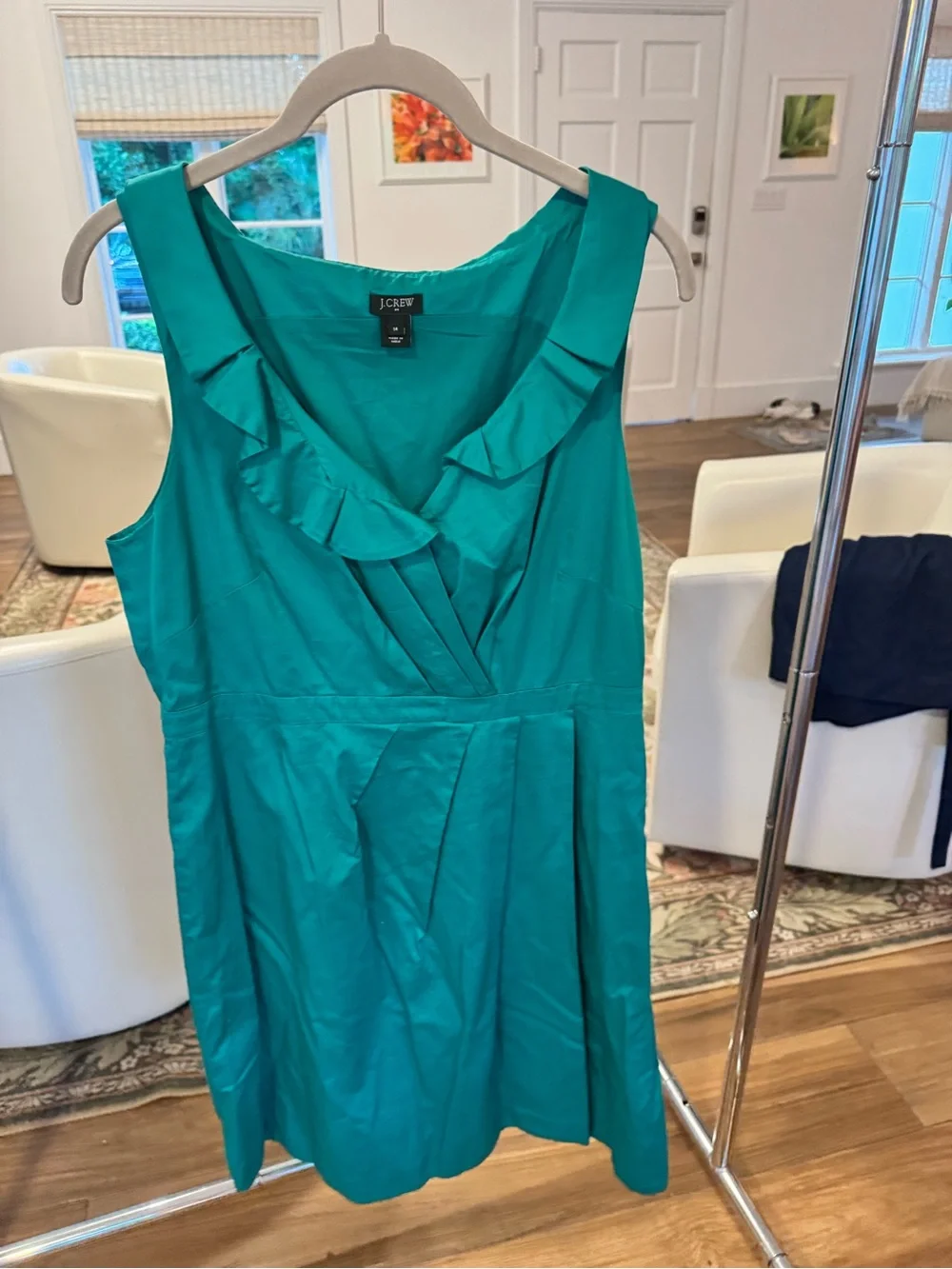 J. Crew Teal Ruffle V-Neck Fit-and-Flare Mini Dress